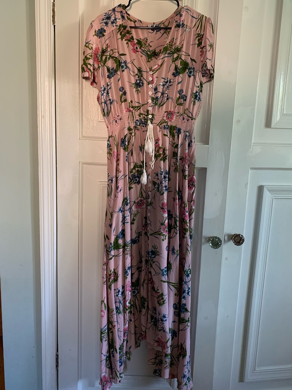 Pink Floral Maxi Dress with Drawstring Waist